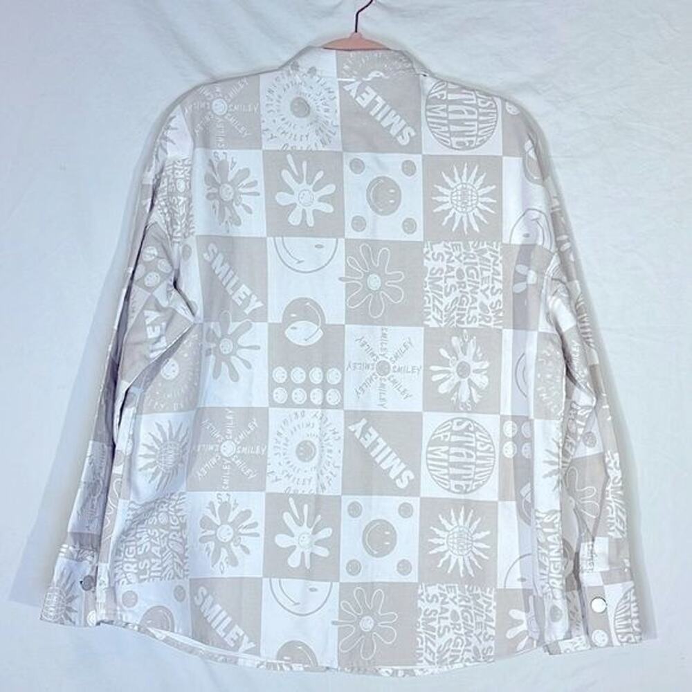 Smiley and H&M Denim White & Cream Denim Jacket Size S Novelty Print NWOT Preppy - Picture 2 of 13